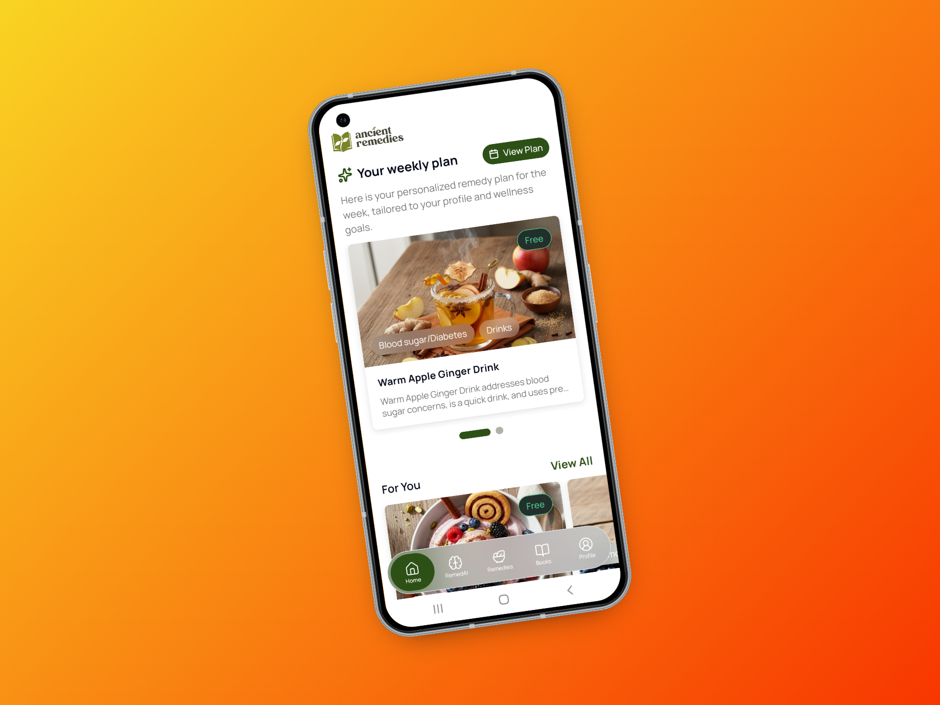 Ancient Remedies mobile app screens with AI wellness guidance and personalized remedy plans