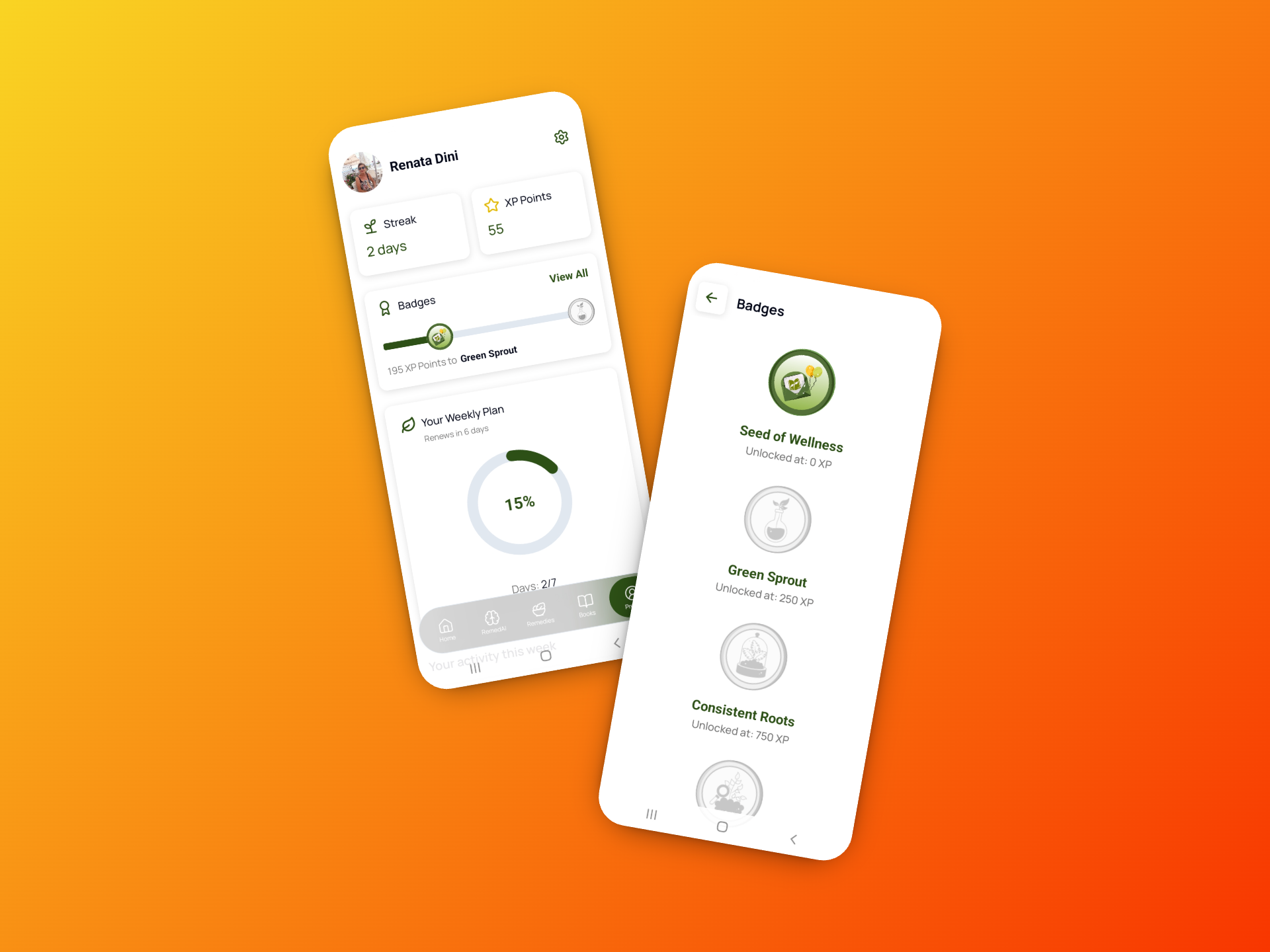 Ancient Remedies gamification dashboard with streaks, badges, and XP progress