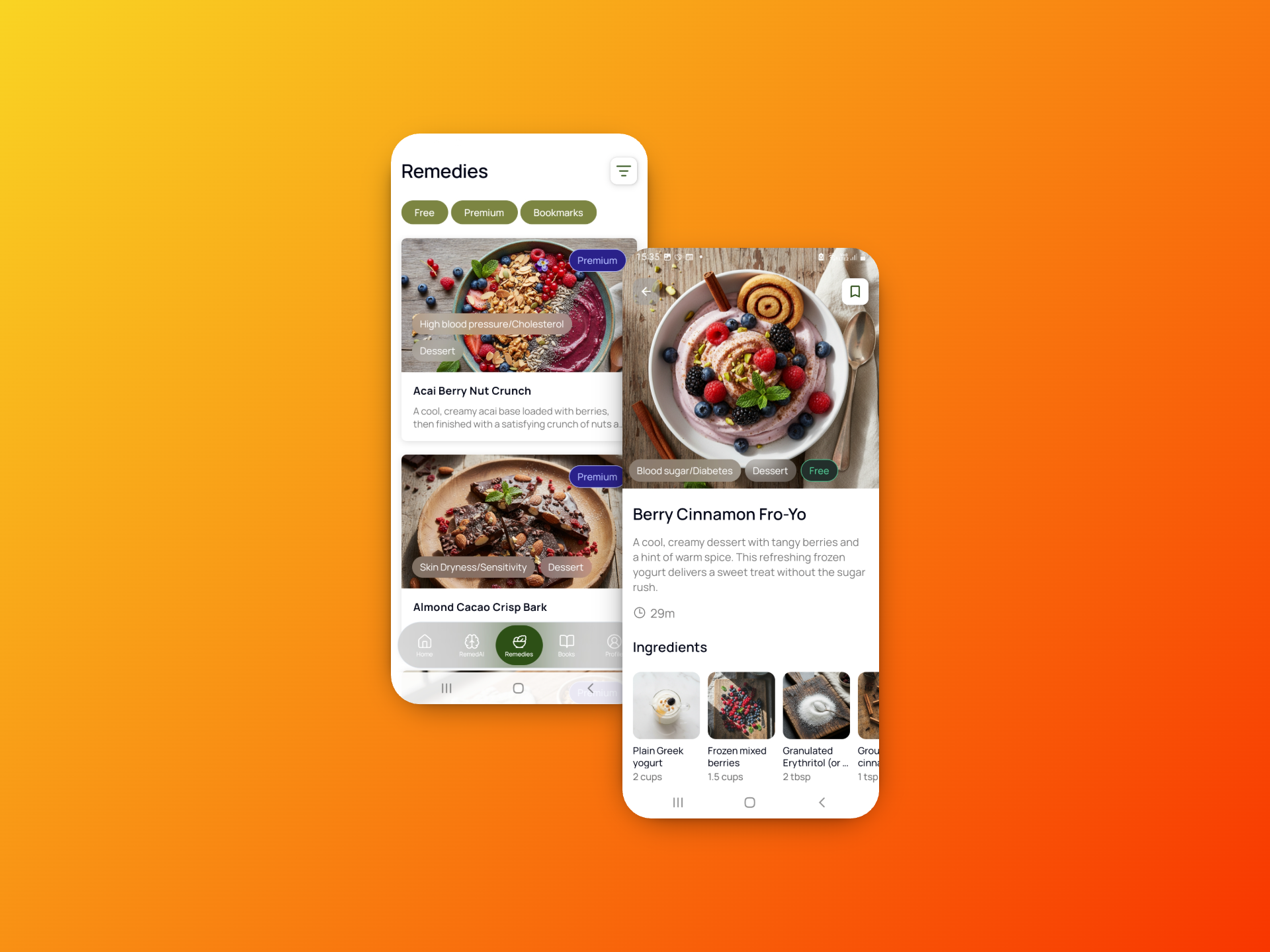 Ancient Remedies recipes and progress tracking screens with daily habit insights