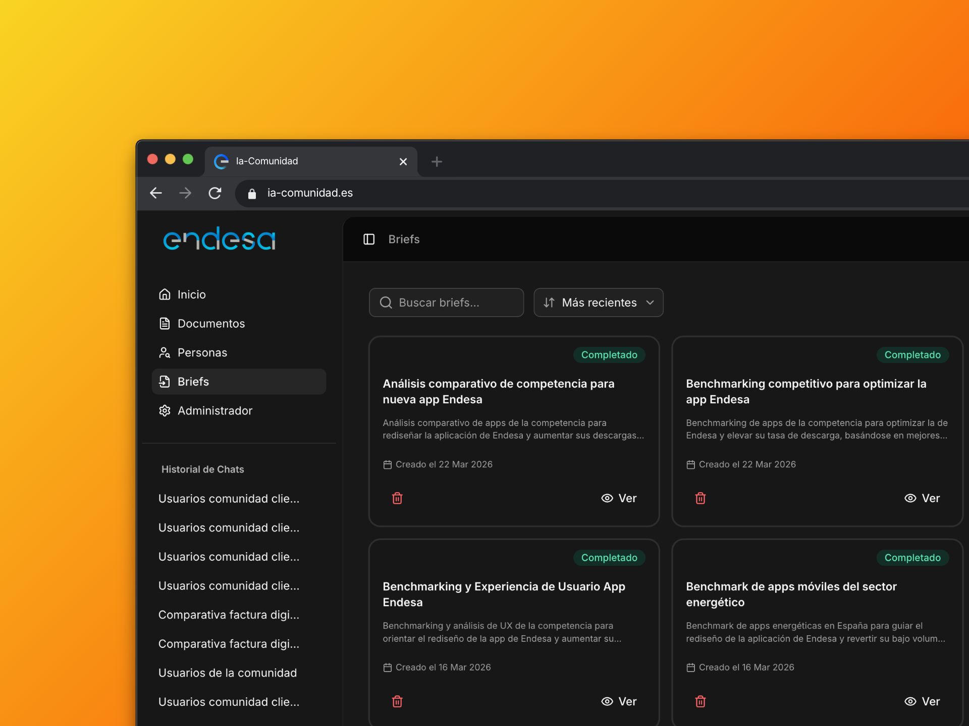 Endesa SOI briefs dashboard showing structured research requests and status tracking