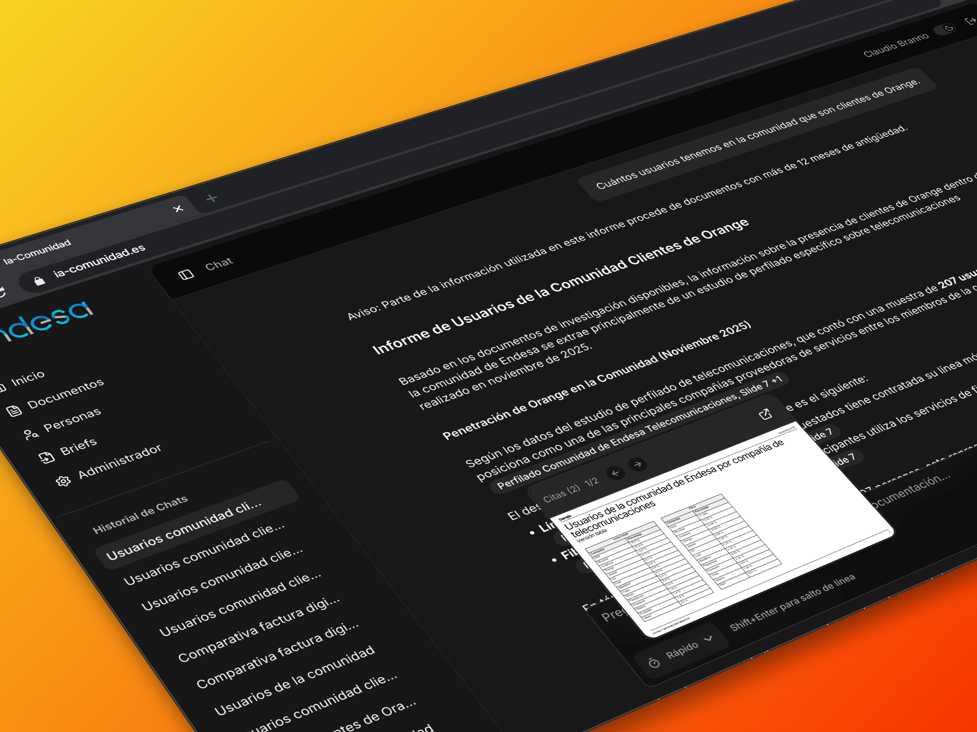 Endesa SOI conversational chat interface retrieving answers from internal research sources