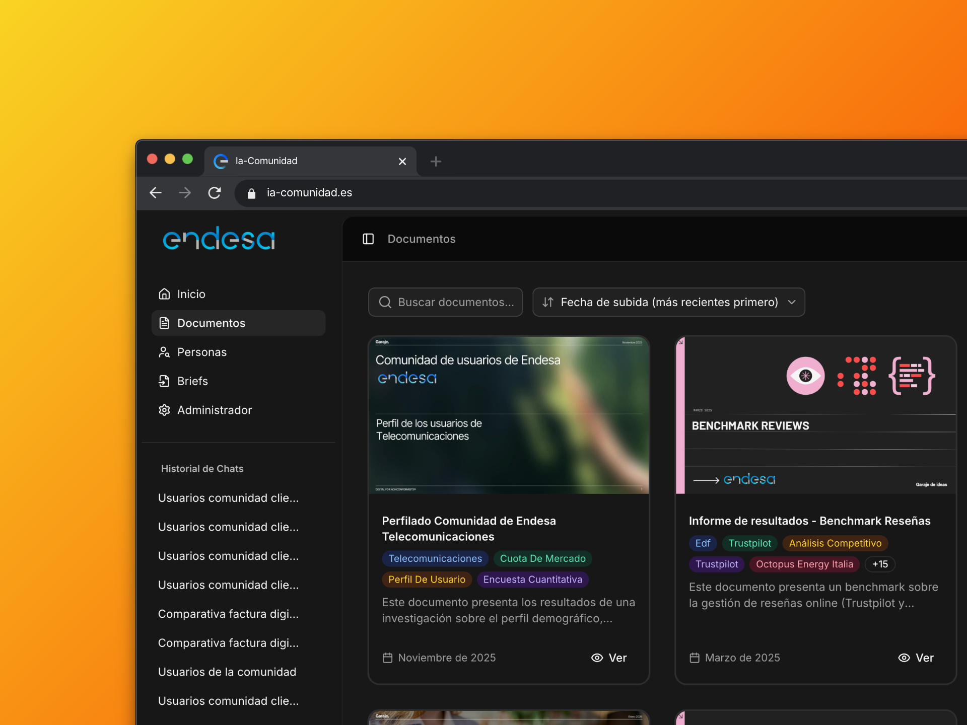 Endesa SOI documents repository view with indexed research files and filtering options
