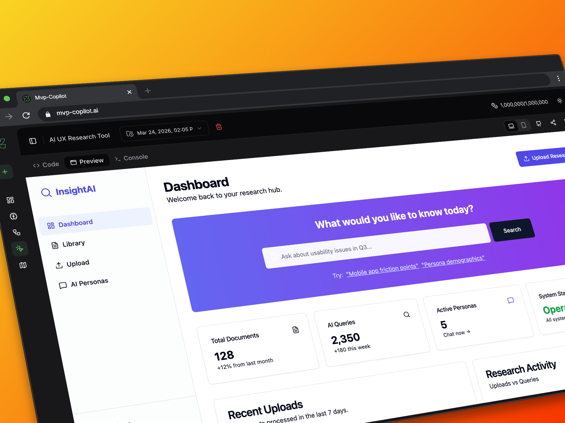 MVP Copilot prototype dashboard with generated UI concepts and validation notes