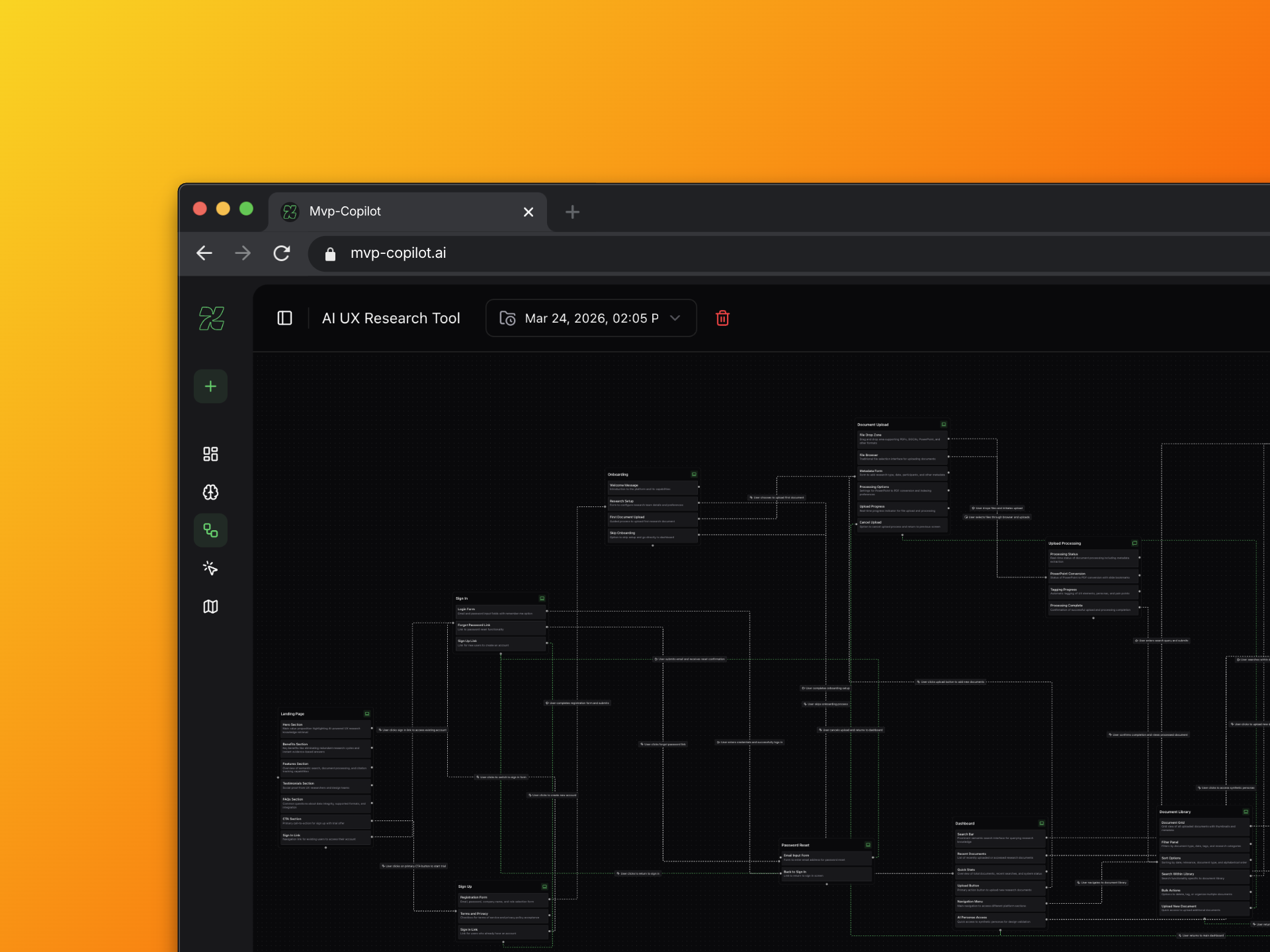 MVP Copilot user flow editor with mapped screens and interaction paths